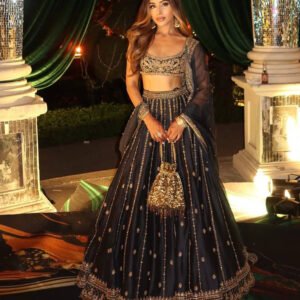 Crepe Silk Sequined Zari Lehenga Set – Black & Gold