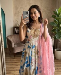 Heavy Dola Silk Digital Print Gown with Organza Pearl Dupatta