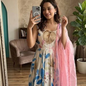 Heavy Dola Silk Digital Print Gown with Organza Pearl Dupatta
