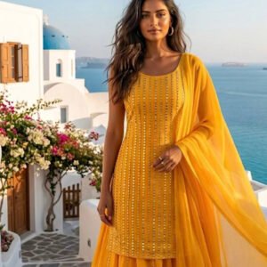 Georgette Mirror & Pagdi Work Lehenga Set – Sunshine Yellow