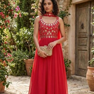 Georgette Sequined Gown with Real Mirror Work & Designer Dupatta