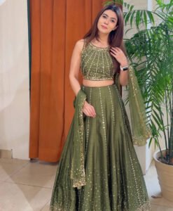 Heavy Thai Silk Sequined Lehenga Set – Olive Green