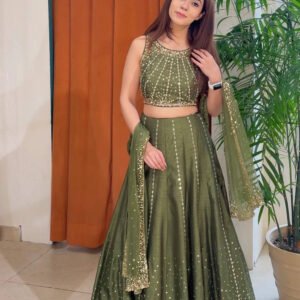 Heavy Thai Silk Sequined Lehenga Set – Olive Green