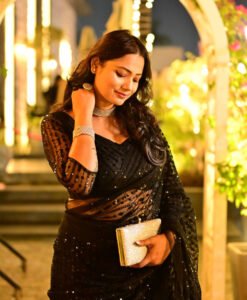 Net Sequined Saree Set with Satin Inner – Midnight Black